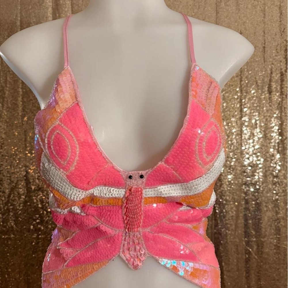 Western Fashion Pink Sequin Butterfly Crop Top Fairycore Y2K Festival/One Size